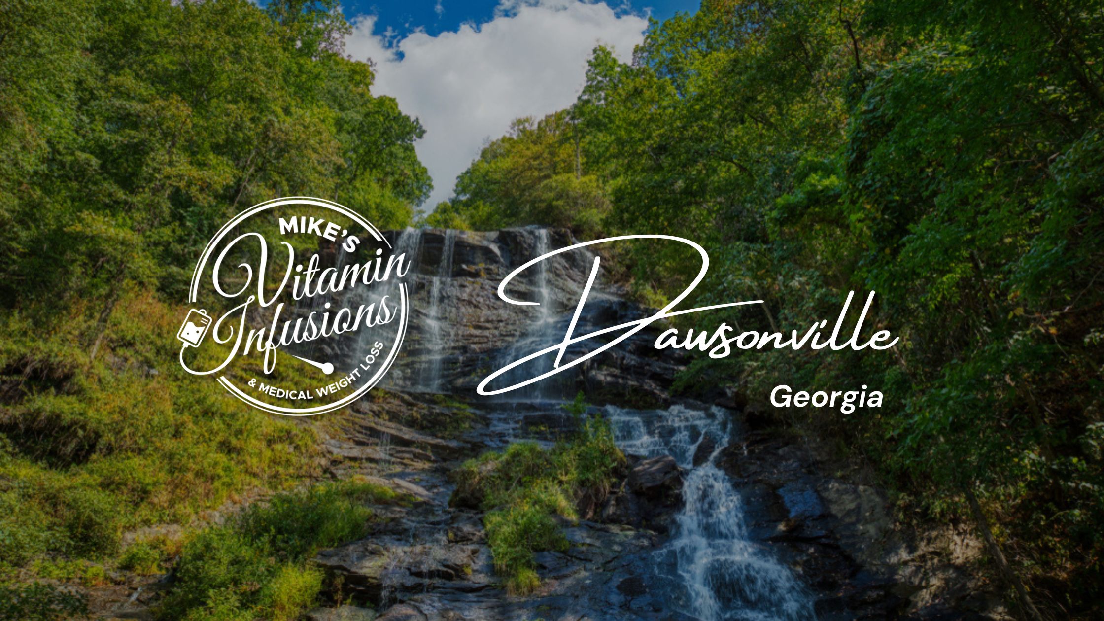 Image of a waterfall in dawsonville with the mike's vitamin infusions logo